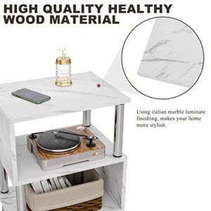 HMFOR Small End Table, S-Shape Nightstand for Living Room, Sofa Tables with Storage, 3 Tier Shelf Corner Side Table for Small Spaces, 15.74“L x 11.41" W x 20.07" H, White Faux Marble