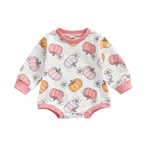 Thanksgiving Outfit Newborn Infant Baby Girl Pumpkin Sweatshirt Onesie Long Sleeve Bubble Romper Fall Winter Clothes (Pumpkin Pink, 0-3 Months)