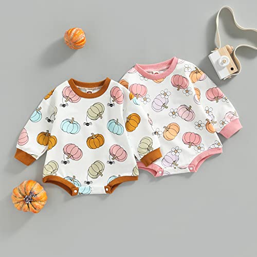 Thanksgiving Outfit Newborn Infant Baby Girl Pumpkin Sweatshirt Onesie Long Sleeve Bubble Romper Fall Winter Clothes (Pumpkin Pink, 0-3 Months)