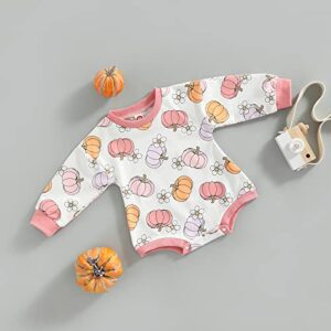 Thanksgiving Outfit Newborn Infant Baby Girl Pumpkin Sweatshirt Onesie Long Sleeve Bubble Romper Fall Winter Clothes (Pumpkin Pink, 0-3 Months)