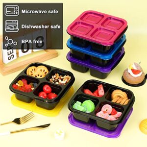 Aodaer 12 Pack 4 Compartment Reusable Snack Box Plastic Bento Lunch Box Divided Food Storage Containers for Work Travel, Black