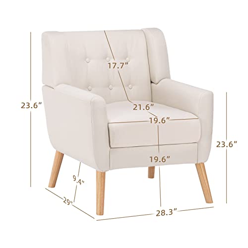 IDEALISMLIVING Accent Sofa Chair with Solid Wood Legs, Upholstered Button Tufted Mid Century Modern Reading Armchair for Bedroom, Living Room, Study Room (Beige)