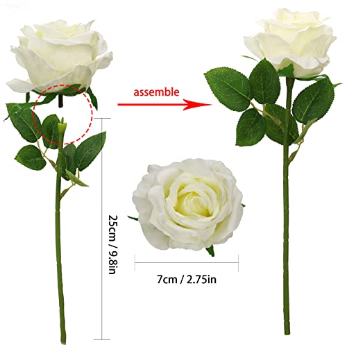 Felice Arts 12 Pack White Artificial Roses Flowers with Stems Silk Rose Bouquet for Wedding Vase Table Centerpiece DIY Gift Decor