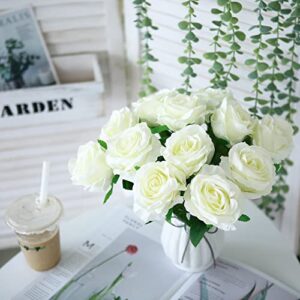 Felice Arts 12 Pack White Artificial Roses Flowers with Stems Silk Rose Bouquet for Wedding Vase Table Centerpiece DIY Gift Decor