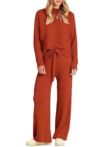 anrabess women's 2 piece sweater lounge set creneck long sleeve ribbed knit pullover crop top and straight pants 582shenxiuhong-s rust
