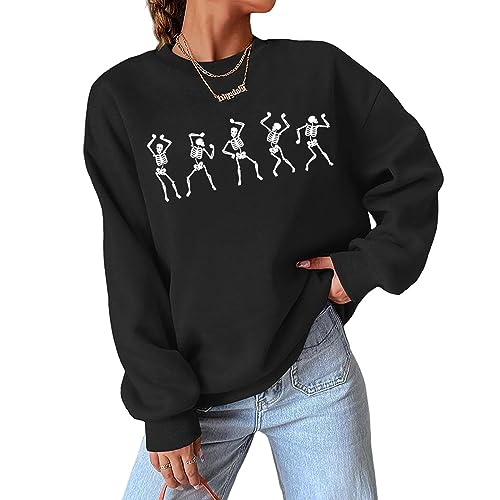 CM C&M WODRO Womens Halloween Dancing Skeleton Sweatshirts Spooky Season Crewneck Shirt Long Sleeve Horror Skull Pullover Top Black