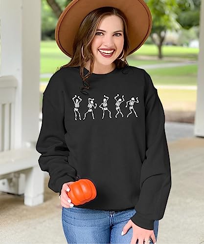 CM C&M WODRO Womens Halloween Dancing Skeleton Sweatshirts Spooky Season Crewneck Shirt Long Sleeve Horror Skull Pullover Top Black