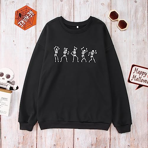 CM C&M WODRO Womens Halloween Dancing Skeleton Sweatshirts Spooky Season Crewneck Shirt Long Sleeve Horror Skull Pullover Top Black