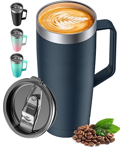 LyriFine Travel Mug with Handle, Od335 24oz Insulated Coffee Mug with Lid, Travel Mugs for Hot and Cold Double-Wall Vacuum Stainless Steel & Sliding Lid for Daily Life, Travel, Office, Blue