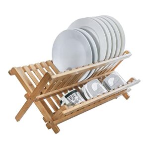 zrooy bamboo dish drying rack, 2-tier bamboo dish rack collapsible roll up dish drainer for kitchen counter,wooden dish drying rack by natural,