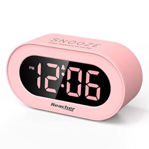 reacher pink girls alarm clock for kids bedroom, dimmable led digital display, outlet powered, adjustable volume, simple to use, snooze, small size for bedside, desk, toddler
