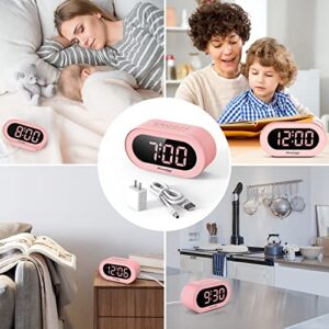 REACHER Pink Girls Alarm Clock for Kids Bedroom, Dimmable LED Digital Display, Outlet Powered, Adjustable Volume, Simple to Use, Snooze, Small Size for Bedside, Desk, Toddler