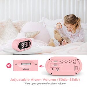 REACHER Pink Girls Alarm Clock for Kids Bedroom, Dimmable LED Digital Display, Outlet Powered, Adjustable Volume, Simple to Use, Snooze, Small Size for Bedside, Desk, Toddler