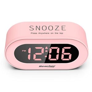 REACHER Pink Girls Alarm Clock for Kids Bedroom, Dimmable LED Digital Display, Outlet Powered, Adjustable Volume, Simple to Use, Snooze, Small Size for Bedside, Desk, Toddler