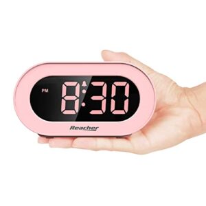 REACHER Pink Girls Alarm Clock for Kids Bedroom, Dimmable LED Digital Display, Outlet Powered, Adjustable Volume, Simple to Use, Snooze, Small Size for Bedside, Desk, Toddler