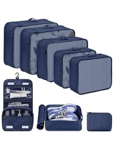dimj packing cubes for travel, 8 set luggage packing organizers lightweight suitcase storage bag with multiple sizes travel bag for clothes shoes cosmetics toiletries (navy blue)