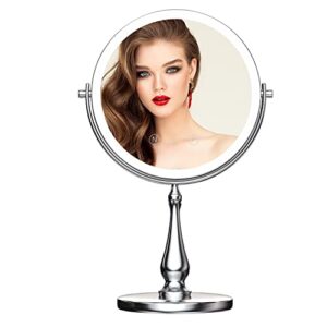wizchark 9" large lighted makeup mirror, 1x/10x magnifying vanity mirror with 3 colors dimmable lightning, 60 led lights, 360°rotation double sided standing desk mirror