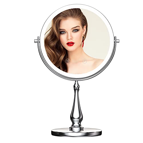 WIZCHARK 9" Large Lighted Makeup Mirror, 1X/10X Magnifying Vanity Mirror with 3 Colors Dimmable Lightning, 60 LED Lights, 360°Rotation Double Sided Standing Desk Mirror