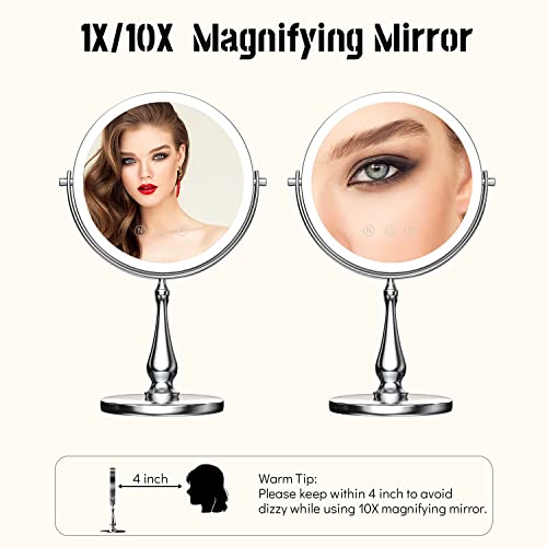 WIZCHARK 9" Large Lighted Makeup Mirror, 1X/10X Magnifying Vanity Mirror with 3 Colors Dimmable Lightning, 60 LED Lights, 360°Rotation Double Sided Standing Desk Mirror