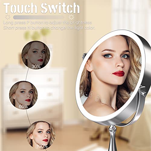 WIZCHARK 9" Large Lighted Makeup Mirror, 1X/10X Magnifying Vanity Mirror with 3 Colors Dimmable Lightning, 60 LED Lights, 360°Rotation Double Sided Standing Desk Mirror