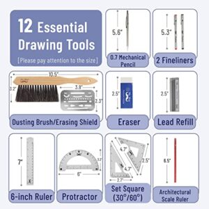 Mr. Pen- Professional Geometry Set, 17 Pcs, Architect Compass and Protractor Set, Interior Design Drafting Tools, Scale Ruler, Drawing Stencils, Metal Ruler