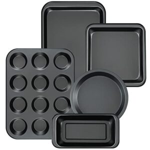 baking pans nonstick set, 5-piece bakeware sets with round/square cake pan, muffin pan, loaf pan, roast pan, baking sheets for oven, mobzio kitchen cookware sets baking supplies