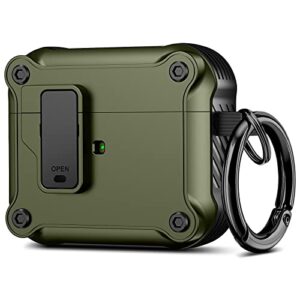 valkit for apple airpods 3rd generation case cover with lock cool airpod 3 case with keychain for men women military hard shell rugged shockproof air pod 3 case for airpod 3rd gen case 2021, armygreen