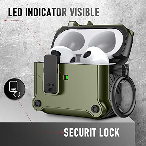 Valkit for Apple Airpods 3rd Generation Case Cover with Lock Cool AirPod 3 Case with Keychain for Men Women Military Hard Shell Rugged Shockproof Air Pod 3 Case for AirPod 3rd Gen Case 2021, ArmyGreen