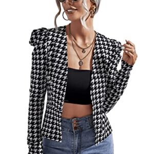 SweatyRocks Women's Casual Houndstooth Blazer Long Puff Sleeve Open Front Jacket Black White M