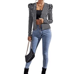 SweatyRocks Women's Casual Houndstooth Blazer Long Puff Sleeve Open Front Jacket Black White M