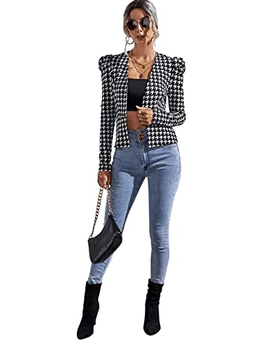 SweatyRocks Women's Casual Houndstooth Blazer Long Puff Sleeve Open Front Jacket Black White M