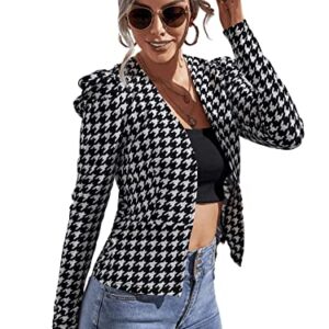 SweatyRocks Women's Casual Houndstooth Blazer Long Puff Sleeve Open Front Jacket Black White M