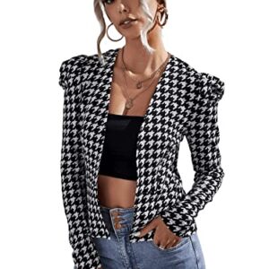 SweatyRocks Women's Casual Houndstooth Blazer Long Puff Sleeve Open Front Jacket Black White M