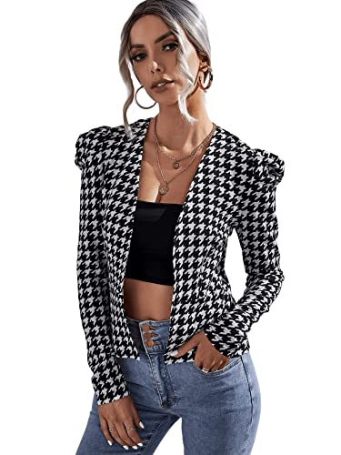 SweatyRocks Women's Casual Houndstooth Blazer Long Puff Sleeve Open Front Jacket Black White M