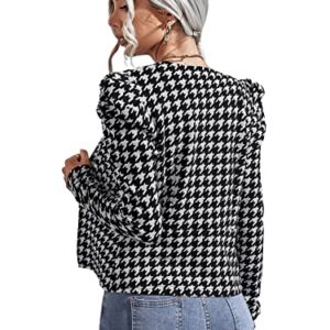 SweatyRocks Women's Casual Houndstooth Blazer Long Puff Sleeve Open Front Jacket Black White M