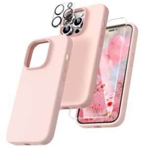 tocol [5 in 1 designed for iphone 14 pro case, with 2 pack screen protector + 2 pack camera lens protector, liquid silicone phone case 6.1 inch, [anti-scratch] [drop protection], chalk pink