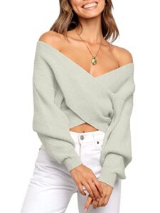 anrabess women’s 2022 fall fashion long sleeve off shoulder crissover v neck knit cropped sweater top 641qianhui-s gray