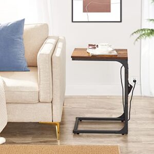 Snack Side Table, C Shaped End Table with Charging Station & USB Ports, Couch Table with Cloth Bag, Tv Tray, Small Bedside Table for Living Room, Bedroom