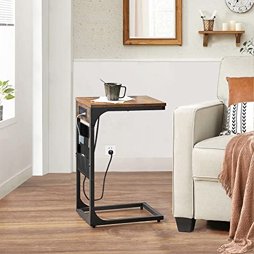 Snack Side Table, C Shaped End Table with Charging Station & USB Ports, Couch Table with Cloth Bag, Tv Tray, Small Bedside Table for Living Room, Bedroom