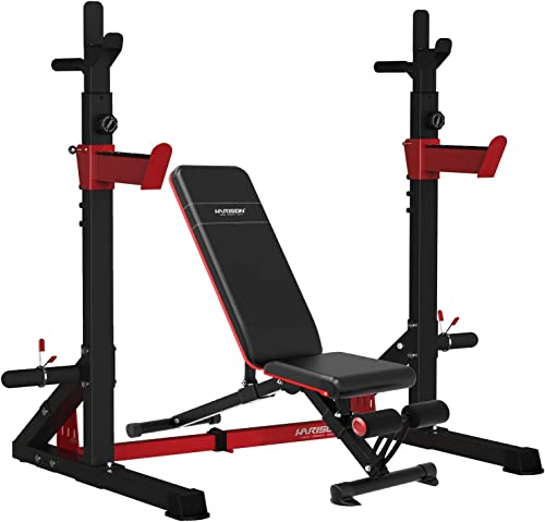 HARISON Multifunction Squat Rack with Adjustable Weight Bench, Heavy Duty Barbell Rack with Pull Up Bar Station for Home Gym