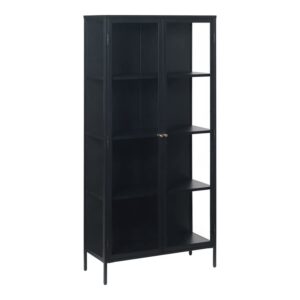 nyhus amz-42040602 modern tempered glass & steel storage cabinets with adjustable feet, 4 shelves, freestanding, bookcases & shelves for home office, living room, 15.75 x 35.5 x 75 in, black/clear
