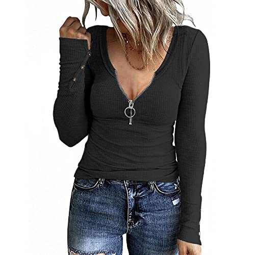 Women's V Neck Henley Long Sleeve T Shirts Front Zipper Tops Ribbed Knit Slim Fit Shirts (Small, Black)