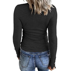 Women's V Neck Henley Long Sleeve T Shirts Front Zipper Tops Ribbed Knit Slim Fit Shirts (Small, Black)