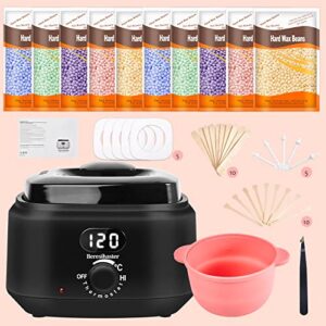 hard wax kit for hair removal，digital wax warmer with 10 packs hard beads 、silicon wax pot(easy to clean) and wax kit accessories,for sensitive skin ,for eyebrow, facial, armpit, bikini, brazilian,for women and men.