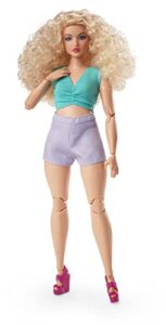 barbie looks doll with curly blonde hair dressed in ruched crop top & satiny lavender shorts, posable made to move body for 6 years and older