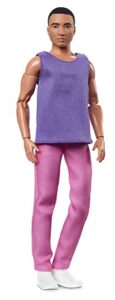 barbie looks ken doll with black hair dressed in purple mesh top and pink trousers, posable made to move body, 6 years and older