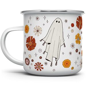 retro ghost halloween campfire coffee mug, spooky fall season outdoor camping cup (12oz)