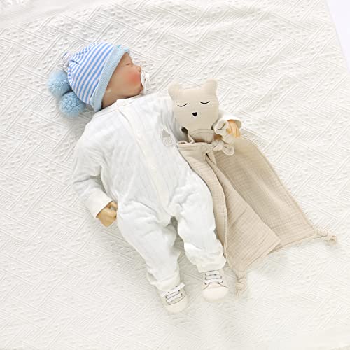 Baby Security Blanket Organic Cotton Muslin Soft Lovey Blankets Breathable Lovie for Babies Boy Girls Bear Camel