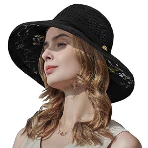 mesh-breathable sun-hat for women,floral wide-brim beach bucket hat with detachable chin strap girls teens fishing hat (as1, alpha, l, black with flower printed, large)