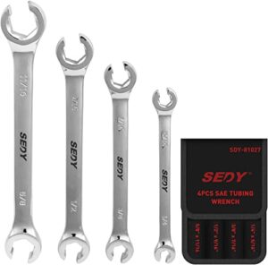 4-piece flare nut wrench set - sae brake line wrench 1/4, 5/16, 3/8, 7/16, 1/2, 9/16, 5/8, 11/16-inch, professional offset heads, portable organizer pouch included